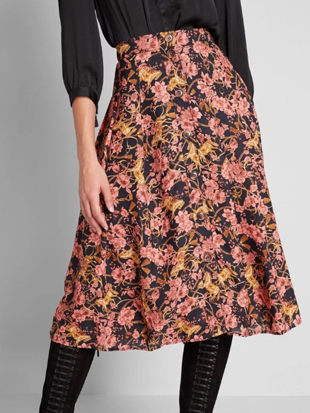 ModCloth Assorted Admirers Button Down Horse Chain Print Midi Skirt